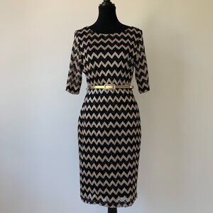 Connected Apparel Navy Blue and Gold Dress with Vegan Leather Belt - Size 12